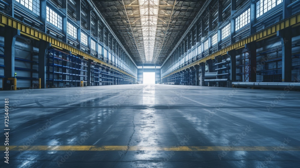 steel pipe product, row of shelf and concrete floor inside large warehouse building, factory or store. Concept of metallurgy industry, steel production, engineering and manufacturing.