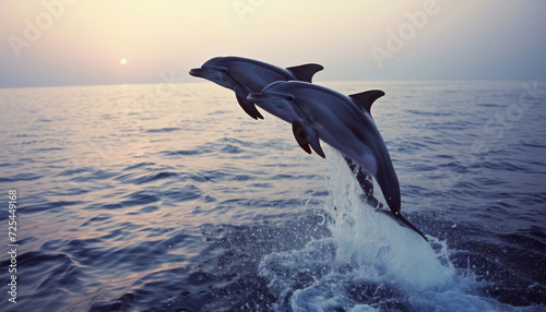 Summer sunset  ocean and dolphin leaping out of the water for paradise  vacation or wildlife scene. Beautiful  tropical and seascape wallpaper or backdrop for environment  marine life and eco system
