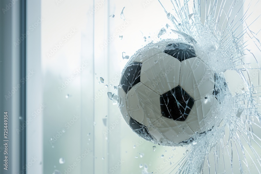 Broken glass and soccer ball on window background.  - obrazy, fototapety, plakaty 