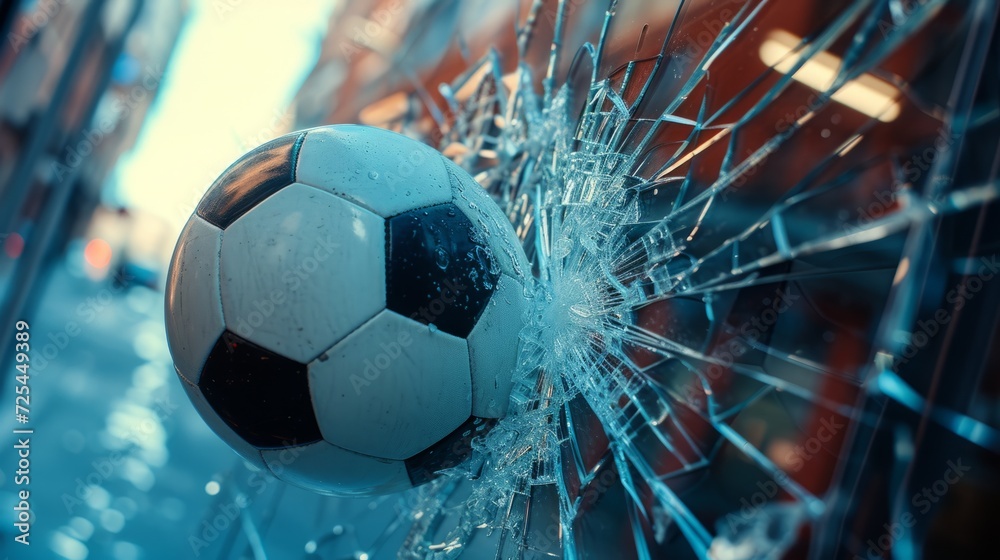 A soccer ball smashed a shop window. - obrazy, fototapety, plakaty 