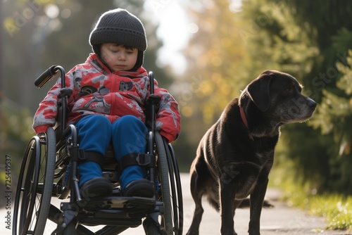 child in wheelchair with service dog beside photo