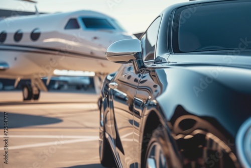 luxury sedan with private jets reflection in its polished surface