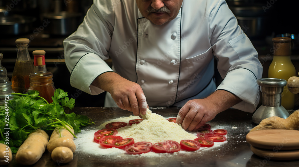 chef preparing pizza with flour and tomatoes created with Generative AI technology