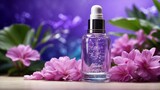 oil with purple flowers, tropical leaves background with copy space, cosmetics product advertising banner