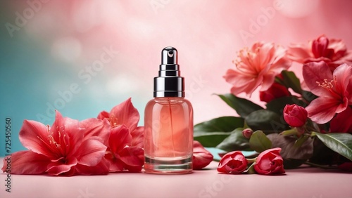 serum in blank bottle with flowers, pastel pink background, aromatherapy cosmetics, products advertising banner