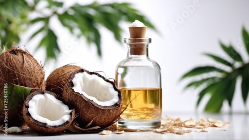 skincare oil product in white glass blank bottle with coconuts, copy space, advertising banner