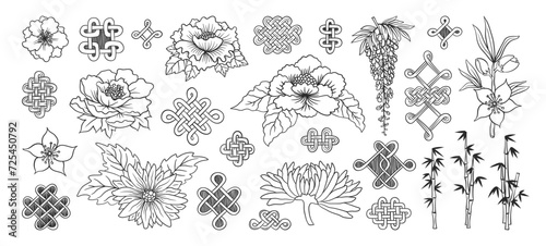 Asian flower doodles set. Asia culture nature symbols. Japanese kimono ornament. Lucky knot. Chinese New Year. Sakura, chrysanthemum, peony flowers. Kimono ornament.