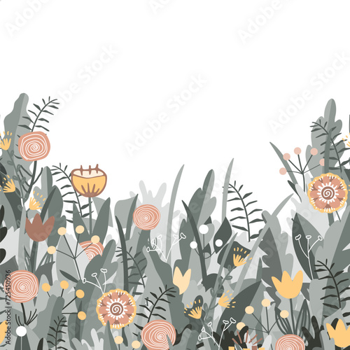 Fairy flowers border in Scandinavian folk style, vector pattern. Doodle flower meadow background. Design for cards, wallpaper, craft packaging.