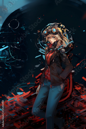 Figure of young woman adorned in casual attire amidst chaotic digital environment. Background is dominated by dark hues  illuminated by abstract digital elements