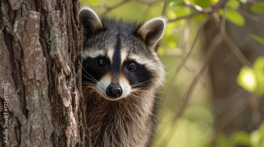 Curious Raccoon Peering from Behind Tree Trunk AI Generated.