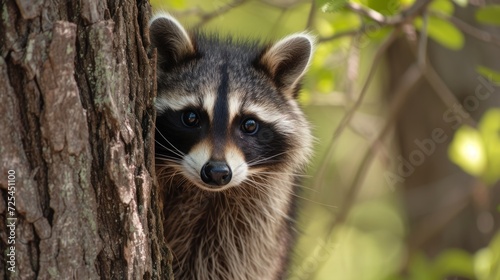 Curious Raccoon Peering from Behind Tree Trunk AI Generated.
