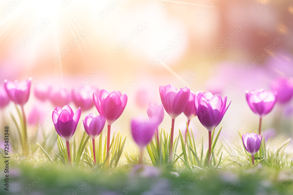 Spring flowers crocuses in sunlight. Purple flowers, soft focus. 

