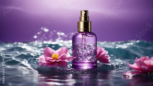 bottle of perfume with purple tropical flowers in sea waves  advertising concept