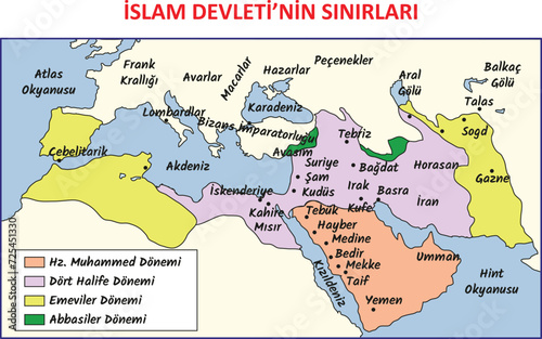 Historical map of the borders of the Islamic State. Translated by: Hz. Muhammad Period, Four Caliphs Period, Umayyad Period, Abbasid Period. photo
