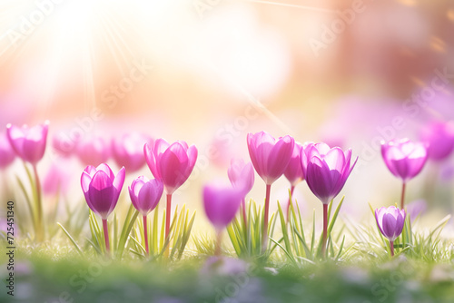 Spring flowers crocuses in sunlight. Purple flowers, soft focus.