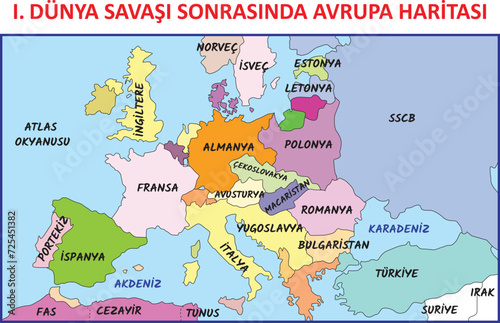 Map of Europe after World War I. Translate: Atlantic Ocean, England, France, Portugal, Spain, Mediterranean, Morocco, Algeria, Tunisia, Germany, Poland, Norway, Yugoslavia, Bulgaria...