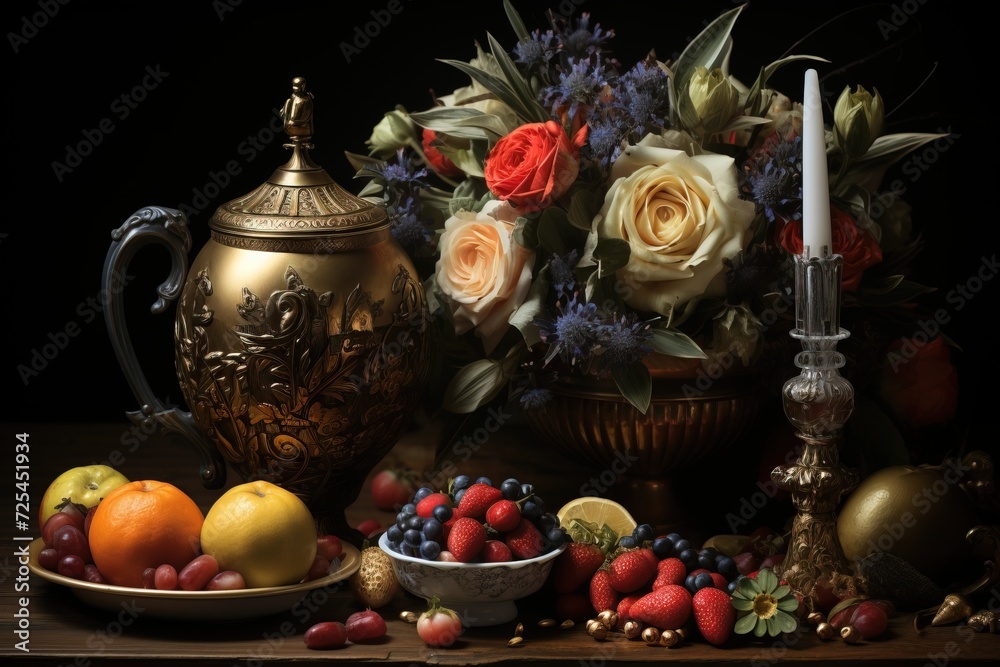 Exotic fruits artful metal dishes in oriental style dark light, black background.