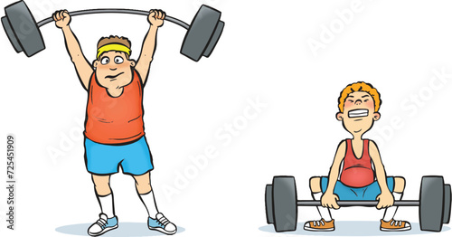 Strong man lifting barbell easily. A weak, weak man who cannot lift the barbell.