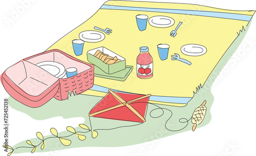 Picnic rug spread on the grass. Picnic items on it.