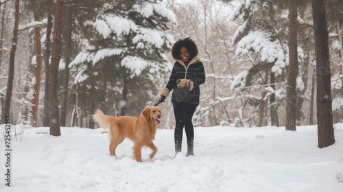 Young African American woman strolling with her best friend - golden retriever dog by winter city park. Amidst the winter's cold, their friendship radiates warmth and comfort.