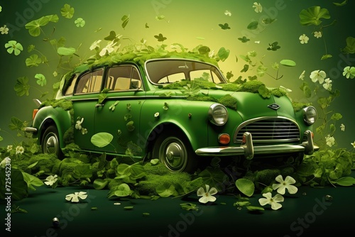 Lucky Green Vintage Car Cloaked in Shamrocks - A St. Patrick's Day Scene Generative AI