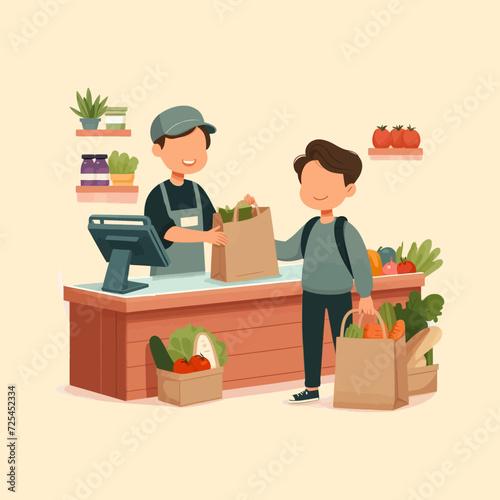 Grocery store cashier packing food into a reusable bag vector illustration concept
