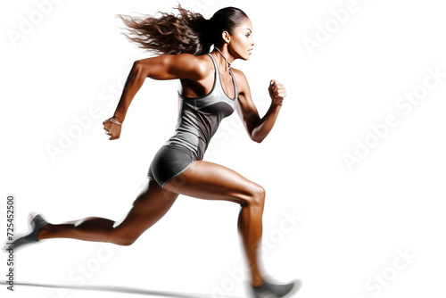 African American woman athlete sprinter runner, competitive training, white background isolate.