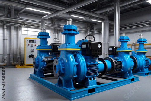 Industrial interior of water pump, valves, pressure gauges, motors inside engine room. Industry pumps in an technical room. Urban modern powerful pipelines, automatic control systems. Copy text space photo