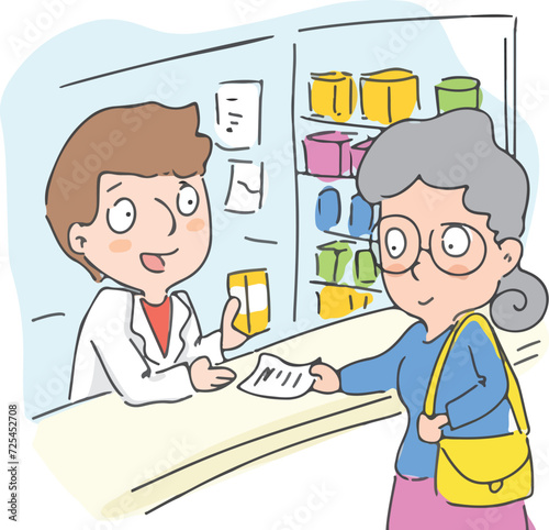 Elderly sick woman taking medicine with prescription from pharmacy.