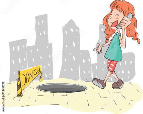 Girl talking on the phone and walking on the road. Because he doesn't look ahead, he will fall into the sewer pit. Phone addiction.