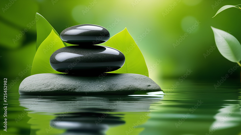 Obraz premium Zen stones pyramid on the water surface with green leaves over it
