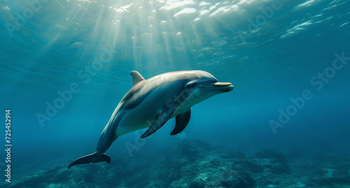 Ocean, sea and dolphin swimming underwater in clear water for tourism, holiday adventure and travel. Blue, peaceful and beautiful scene of wildlife in their habitat for environment and eco system