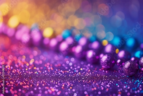 Abstract Banner with beads and glitter in purple  green  yellow  and blue. Mardi Gras colors. Wide format background. Bokeh backdrop. AI Generative