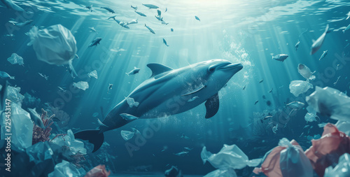 Ocean, sea and dolphin swimming underwater in clear water for tourism, holiday, adventure and travel. Blue, wildlife and nature scene with plastic for impact of pollution, environment and waste © MalamboBot/Peopleimages - AI