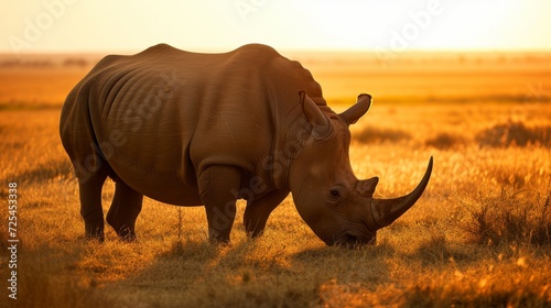 Radiant Rhino  Majestic Creature Grazing at Sunset AI Generated.