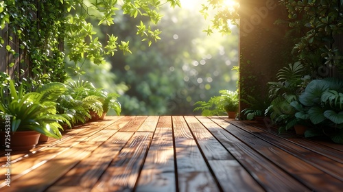 Empty wooden terrace with green wall 3d render There are wood plank floor with tropical style tree garden background sunlight shine on the tree