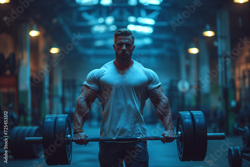 A strong man in a gym blue light