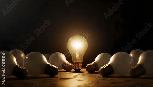One of Lightbulb glowing among shutdown light bulb in dark area with copy space for creative thinking   problem solving solution