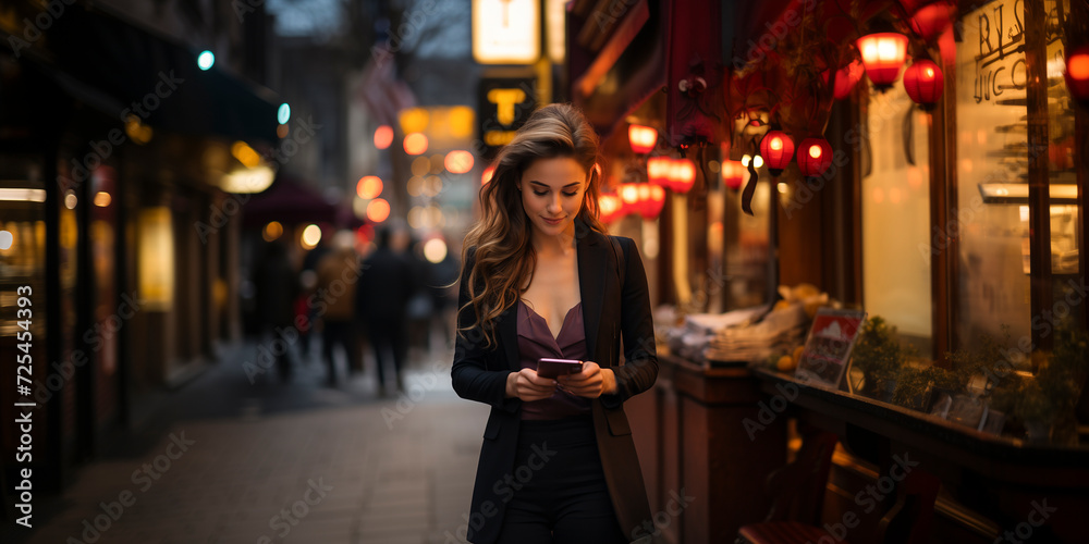 young caucasian woman using her smartphone in a city street at night - use of smartphones and social media concept