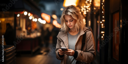 young caucasian woman using her smartphone in the city at night - use of smartphones and social media concept