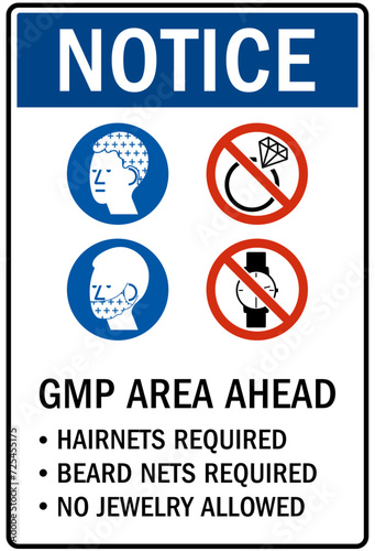 Food preparation sign GMP area ahead. Hairnets required, beard nets required, no jewelry allowed