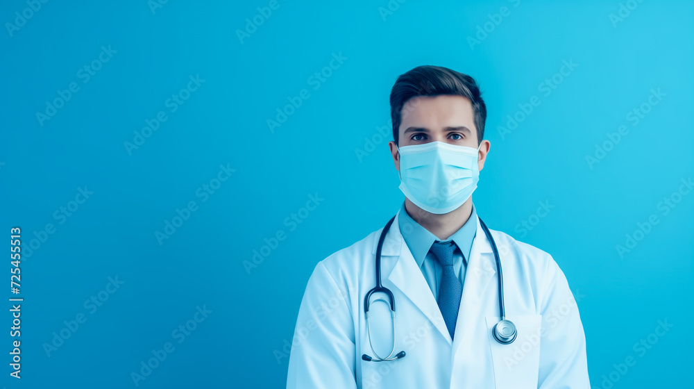 Young doctor man wearing mask isolated on blue background, copy space