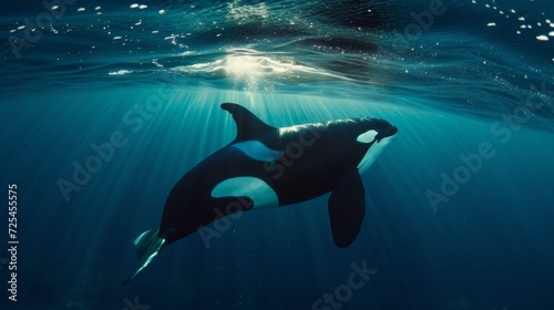 Majestic Killer Whale Swimming in Deep Blue Ocean AI Generated.