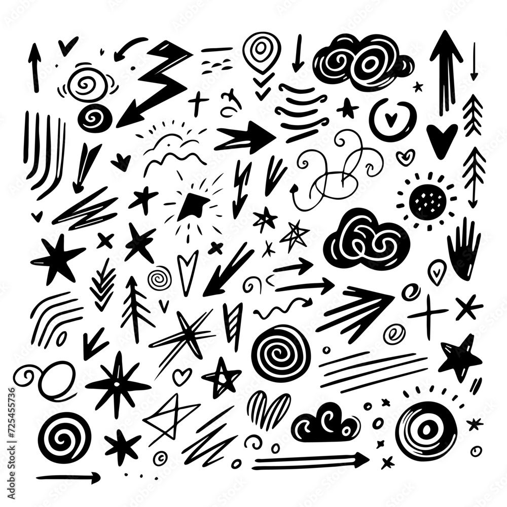 Set of abstract scribble doodles arrows, sun, heart