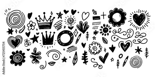 Set hand drawn scribbles element collection of star, heart, crown, flower