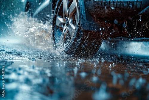An action-packed shot of car tires handling a rainy obstacle course, highlighting their control and grip on wet surfaces, with dynamic water splashes
