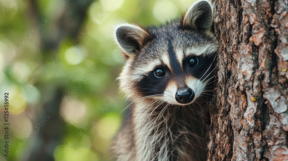 Macro Shot of Curious Raccoon Peering Behind Tree Trunk AI Generated.