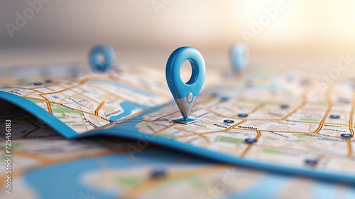 3D Location Folded Paper Map, Search Bar and Pin Isolated. Blue GPS Pointer Marker Icon. GPS and Navigation Symbol. Element for Map, Social Media, Mobile Apps. Realistic Vector Illustration  photo