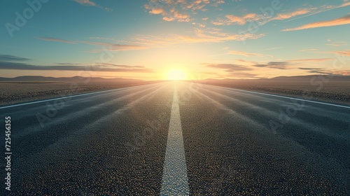 3D rendering of empty road towards rising sun. Light reflection on asphalt surface. For automobile advertising background. Path leading line and large copy space area 