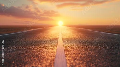 3D rendering of empty road towards rising sun. Light reflection on asphalt surface. For automobile advertising background. Path leading line and large copy space area  photo